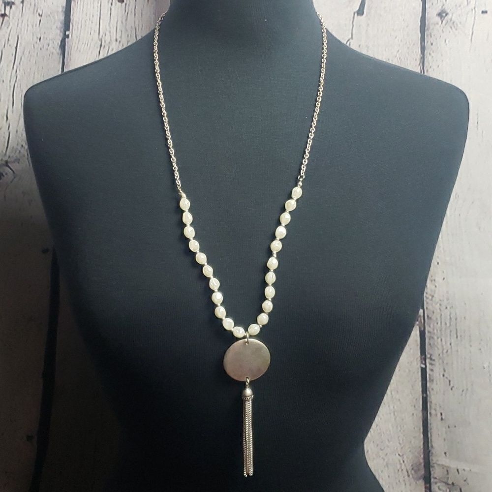 Faux Pearl Silver Long Necklace